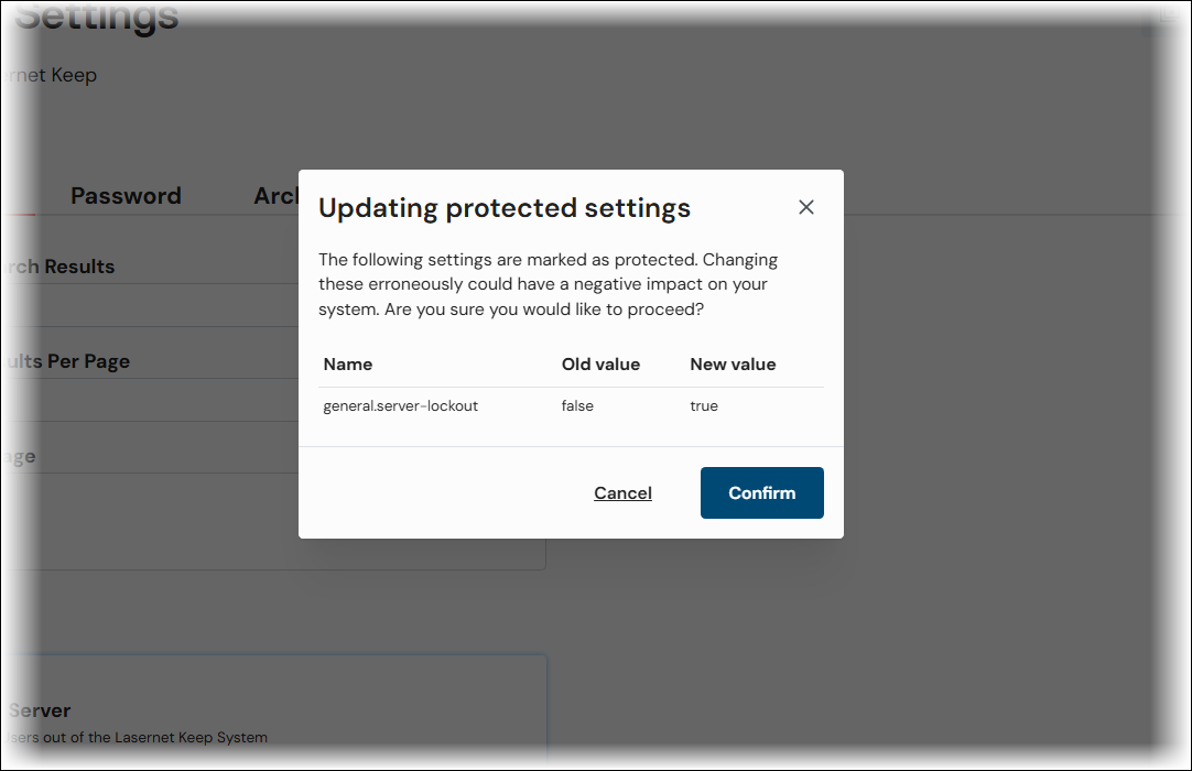 The Updating protected settings window.